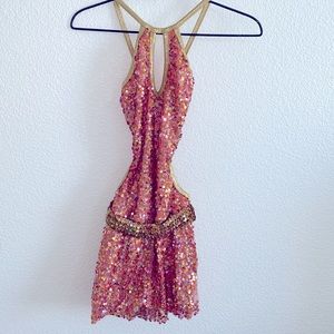 Coral and gold backless sequin skort unitard